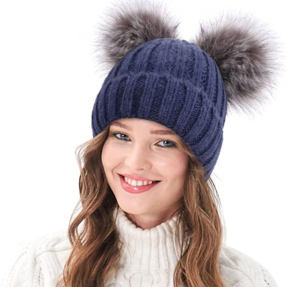 Arctic Paw Pom Pom Beanie Cable Knit Fleece Lined Winter Beanie Women Hat Navy